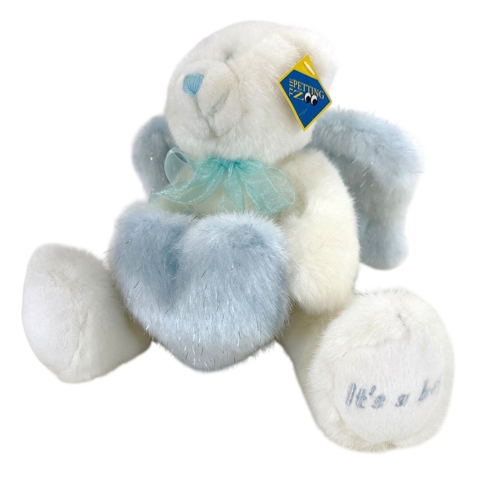 Vintage 1994 The Petting Zoo Its a Boy White Angel Bear Plush Blue Heart 10in